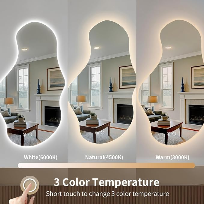 Modern Irregular LED Bathroom Mirror with Lights, Asymmetrical Frameless Smart Lighted Wall Mirror for Living Room Entryway, Large Decorative Makeup Vanity Mirror with Touch Switch(20.5″x35.8″)