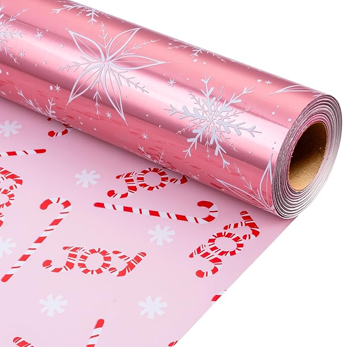 MAYPLUSS Pink Christmas Wrapping Paper Roll - 17IN X 33FT - Christmas Gift Wrapping Paper Featuring White Snowflake Reversible Candy Cane for Kids, Holiday, New Year