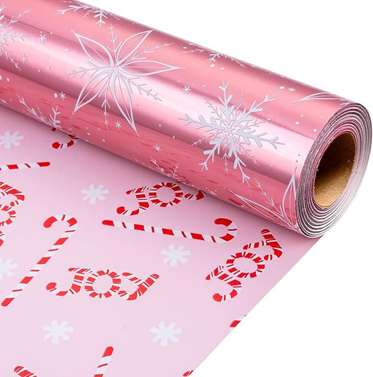 MAYPLUSS Pink Christmas Wrapping Paper Roll - 17IN X 33FT - Christmas Gift Wrapping Paper Featuring White Snowflake Reversible Candy Cane for Kids, Holiday, New Year