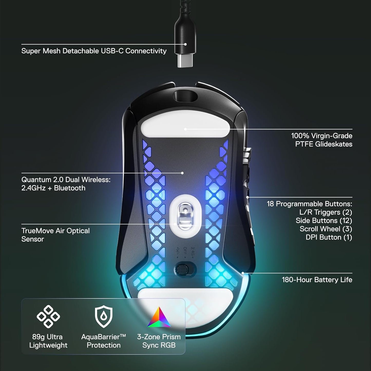 SteelSeries Aerox 9 Wireless Gaming Mouse - Ultra-Lightweight RGB Design - 18 Buttons, 18K DPI Sensor