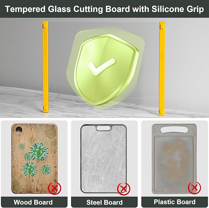 Tempered Glass Cutting Board for Kitchen, 12x16" & 12x8" 2 Pcs,Heat Resistant, with Non-Slip Feet, Non Toxic,Dishwasher Safe (Yellow)