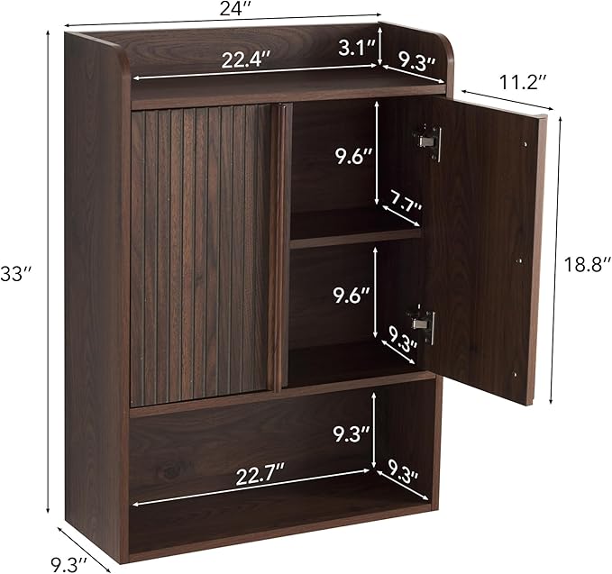 VANIRROR Fluted Wall Cabinet 33" H, Mid-Century Modern Dark Wood Bathroom Cabinet Over Toilet, Medicine Cabinet Storage with Doors & Open Shelf for Kitchen, Laundry Room and Entryway