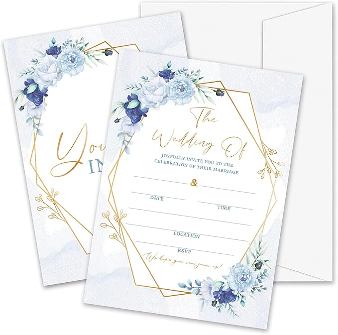 Dusty Blue Floral Wedding Invitations, 5"x 7" Elegant Blue Roses Wedding Invites Card With Envelopes, 25 PCS for Party Decorations and Supplies - A14