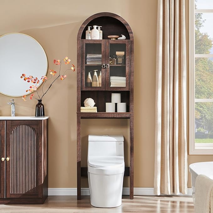 IFGET Arched Over The Toilet Storage Cabinet with Acrylic Doors, Modern Over Toilet Bathroom Organizer Shelf, Small Wooden Bathroom Storage Cabinet with Adjustable Shelf, Space Saver, Dark Walnut