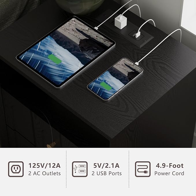 Nightstand Set of 2 with Charging Station, Mid Century Modern Nightstand with Arched Design, Minimalist End Table Wood Grain Bedside Tables for Bedroom or Living Room, Black
