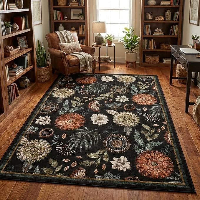 Area Rug 5x7 Modern Floral Washable Rug Non Slip Living Room Rugs Non Shedding Soft Bedroom Floor Mat Low Pile Soft Thin Boho Botanical Carpet for Nursery Kitchen Office Dorm, Black