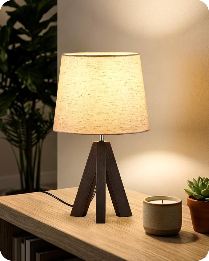 Small Table Lamp for Bedroom, 14.6" Bedside Lamp with Beige Linen Shade & Walnut Wood Tripod Base, Modern Nightstand Lamp for Living Room, Nursery, Entryway, E26 Socket, VE51TL05