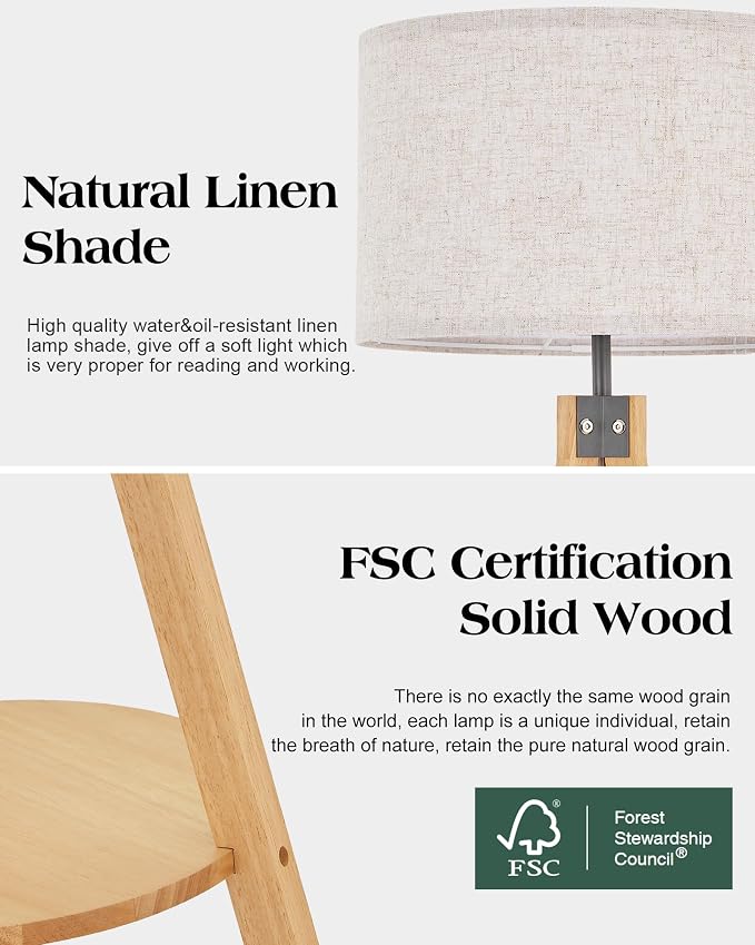ELYONA Wood Floor Lamp for Living Room, Japandi Tripod Standing Lamp with Linen Shade & Wood Tray Table, Shelf Floor Lamp for Bedroom, Office, Dining Room, LED 3 Color Temperatures 9W Bulb Included