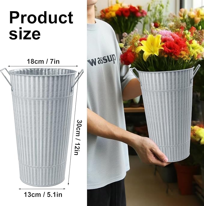 4 PCS 12 Inch White Galvanized Flower Buckets, Metal Flower Vase, Rustic Tall Flower Bucket with Handles for Wedding, Home Décor