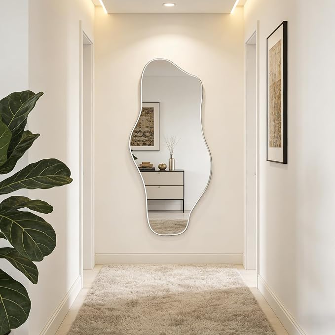 Large Irregular Wall Mirror, 63"x30" Silver Asymmetrical Tempered Glass Mirror, Frameless Organic Shaped Mirrors for Entryway Hallway Bedroom Living Room, Horizontal or Vertical Hanging
