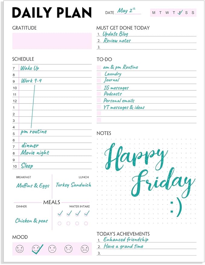 Daily Planner Notepad - Tear-Off Daily Planning Pad, Organizer with To Do Lists, Schedule, Appointment, Productivity Tracker, 50 Undated Sheets, 8.5 x 11 in