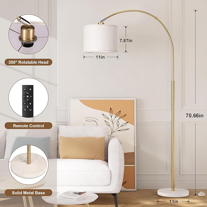 Ambimall Dimmable Arc Floor Lamp with Remote, Color Temperatures and Brightness Adjustable, Arched Floor Lamp with Rotating Head, Over Couch Arched Reading Light for Living Room (Marble Base)