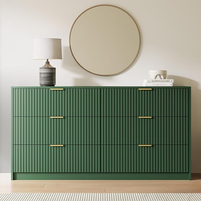 3-Piece Dresser Bedroom Set, 6 Drawer Dresser & 3 Drawer Nightstands with Gold Handles, Fluted Wood Chest of Drawers for Bedroom, Living Room, Entryway, Green