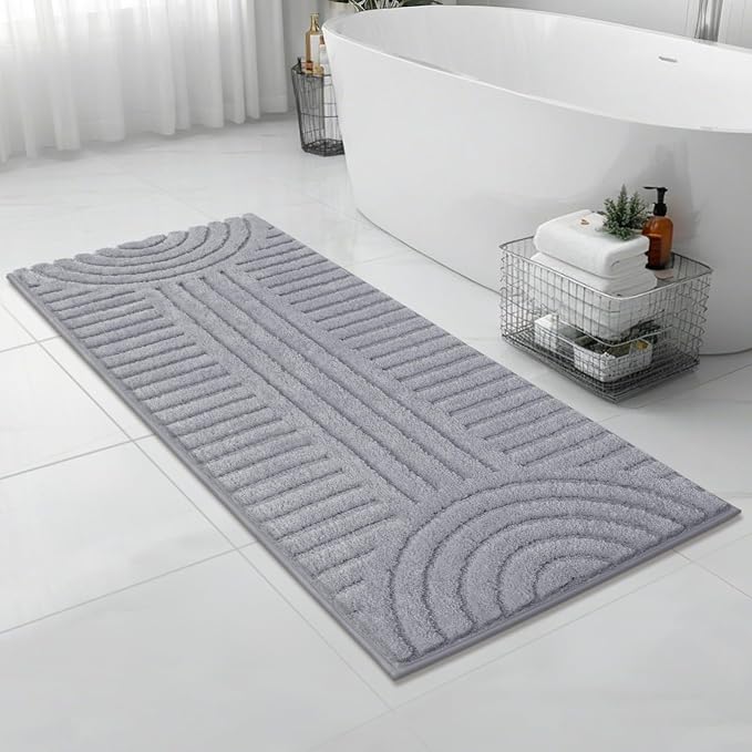 SHACOS Super Soft Bathroom Runner Rugs 24"x60" Non Slip Boho Bath Rugs Microfiber Absorbent Bath Mats for Bath Room Floor Machine Washable Shaggy Carpet for Shower Bathtub, Light Grey 2' x 5'