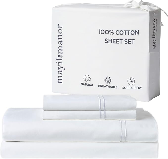 100% Natural Cotton Bed Sheets | 500 TC Single-Ply Sateen Weave Full Size Sheets | Soft, Breathable, Hypoallergenic Solid 4-Piece Bedding with Deep Pocket Fitted, Flat, Pillowcase | White