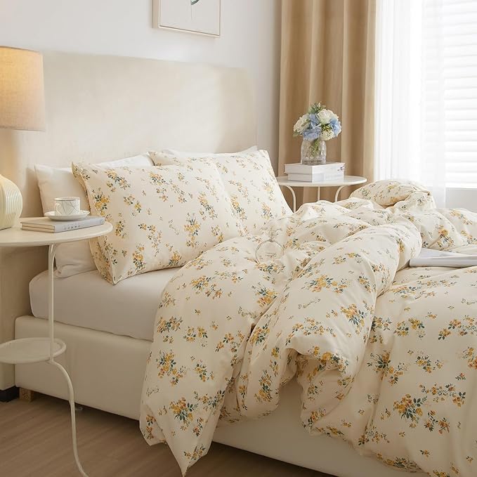 Yellow Floral Comforter Set Full Size Garden Style Flower Botanical Comforter Set Fluffy Soft Vintage Floral Bedding Set Full Chic Cottagecore Flowers Comforter with 2 Pillowcases for All Seasons