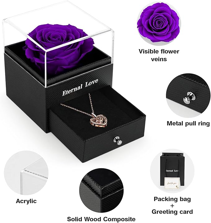 for Mom Preserved Real Rose with I Love You Necklace in 100 Language Gift for Her, Mom Girlfriend Women,Wife, Eternal Real Rose Flower for Birthday Anniversaries
