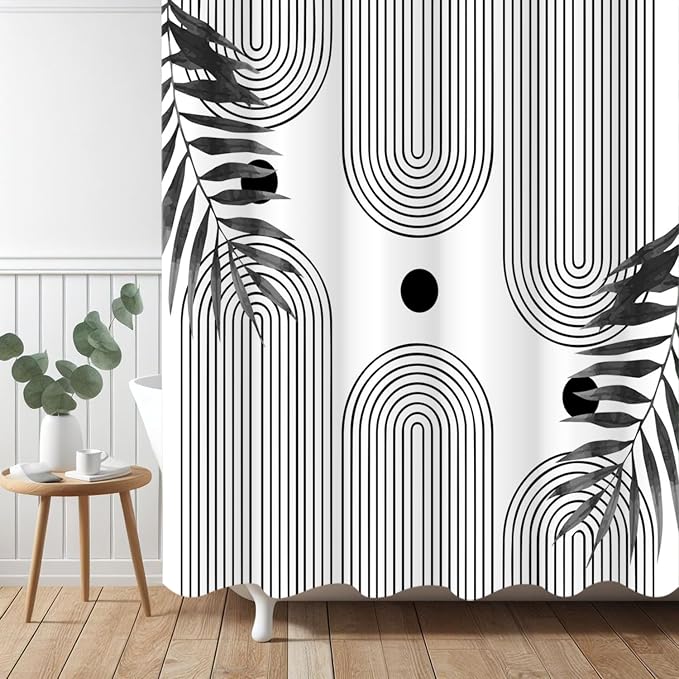 Boho Mid Century Modern Shower Curtain, Abstract Arch Leaf Minimalist Sun Black and White Machine Washable Waterproof Fabric for Bathroom Decor Bathtub with Hooks 72Wx78H