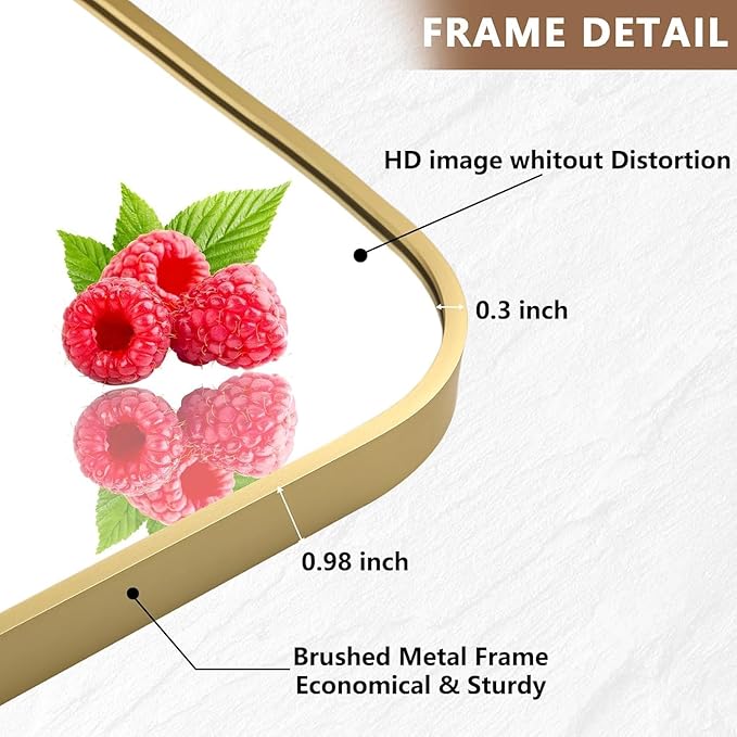 Brushed Gold Mirror, 22"x30" Rectangle Bathroom Mirror, Metal Frame Rectangle Corner Vanity Mirror, Wall Mounted Mirror for Modern, Living Room, Bedroom, Horizontal Or Vertical