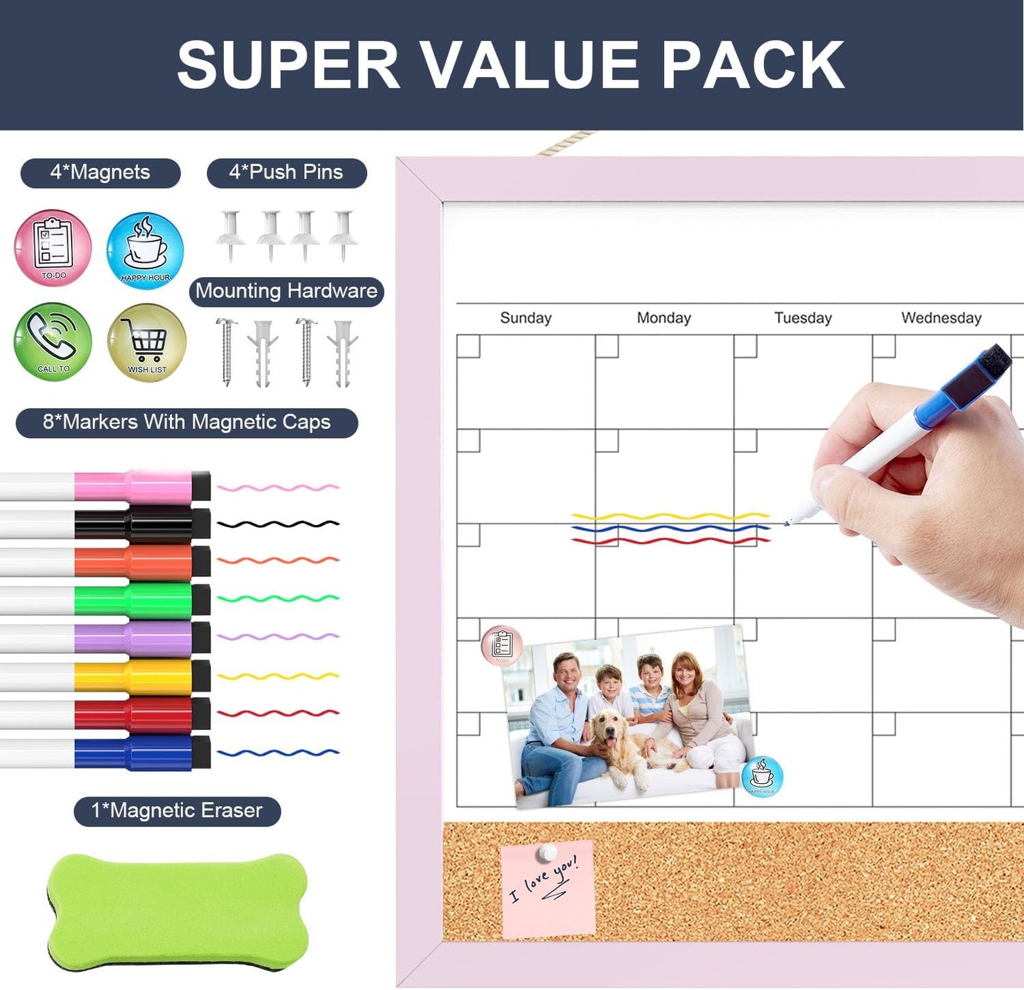 Skiennix Dry Erase Calendar Cork Board Combo - 17x13 Inch Magnetic Whiteboard with Pink Frame for Home & Office Planning