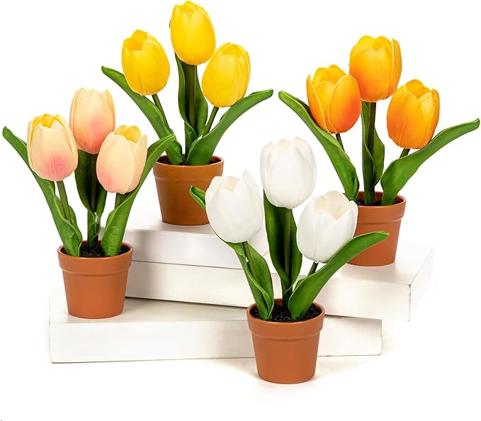 Artificial Tulip Arrangement with Terracotta-Like Plastic Pot 8 Inch Small Tulip Centerpieces Fake Potted Tulip for Valentine's Day Table Centerpiece Wedding Home Decor