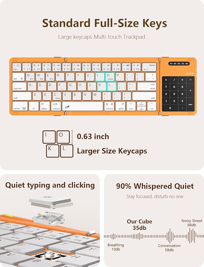 Nillkin Foldable Bluetooth Keyboard with Touchpad & Number Pad, Portable Bluetooth Keyboard with Full Size Keys, Pocket-Sized Wireless Travel Keyboards for iPad, Smartphone, Tablet and Laptop Orange