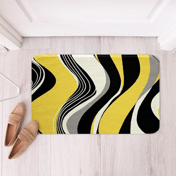 Feelyou Yellow and Gray Black White Bath Rugs Modern Abstract Geometric Bathroom Rugs Kids Boys Girls Teens Stripe Line Pattern Decor Bath Mats for Bathroom 16"x24" Bathroom Accessories