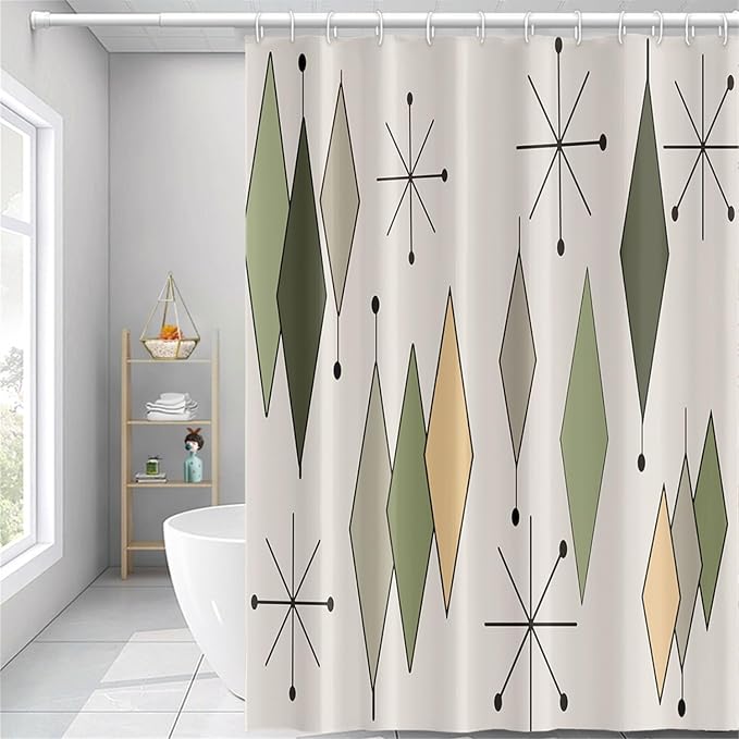 Boho Mid Century Shower Curtain Vintage Abstract Green Diamond Geometric Atomic Starburst Pattern for 1950s Retro Bathroom Decor Accessories Shower Curtain Set with 12 Hooks, 72x78 Inches