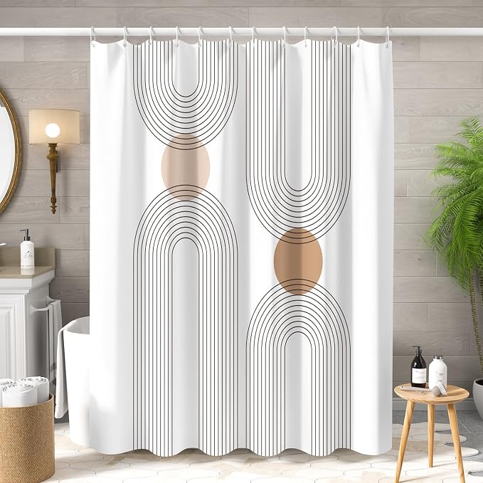 Mid Century Shower Curtain for Bathroom, Boho Sun Rainbow Modern Minimalist Geometric Shower Curtain, Abstract Arch Lines Modern Aesthetic Bathroom Decor Curtain Sets 72x72 inch