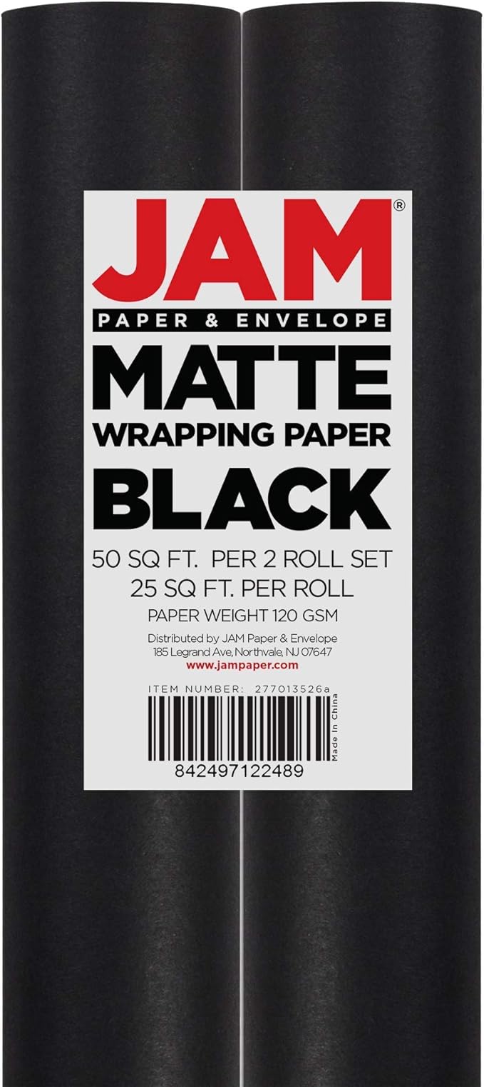 JAM Paper Gift Wrap - Matte Wrapping Paper - 50 Sq Ft Total (30 in x 10 Ft Each) - Matte Black - 2 Rolls/Pack