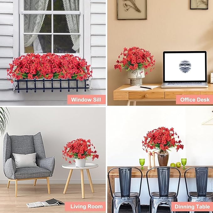 Ouddy Decor 12 Bundles Artificial Flowers for Decorations Fake Silk Plants for Outdoors UV Resistant Faux Plastic Greenery Stems for Garden Porch Window Box Home Spring Decor, Red