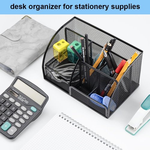 AUSTARK Desk Organizer - Wire Mesh Pencil Holder with 7 Compartments & Mini Drawer | Black