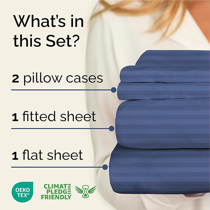 Striped Sheets - Blue Striped Sheets - 1 Flat & 1 Fitted & 2 Pillowcases w/ Deep Pockets – Comfy, Wrinkle & Fade Free - Ultra-Soft, Breathable & Cooling – Luxury Pinstripe Bedding - King Size Bed Set