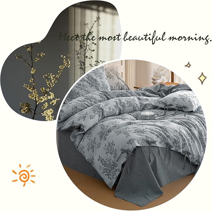 VM VOUGEMARKET Linen Duvet Cover Queen Monet Style Floral Duvet Cover Set,Jacquard Textured Comforter Cover 90"x90" with 2 Pillowcases,Navy Blue