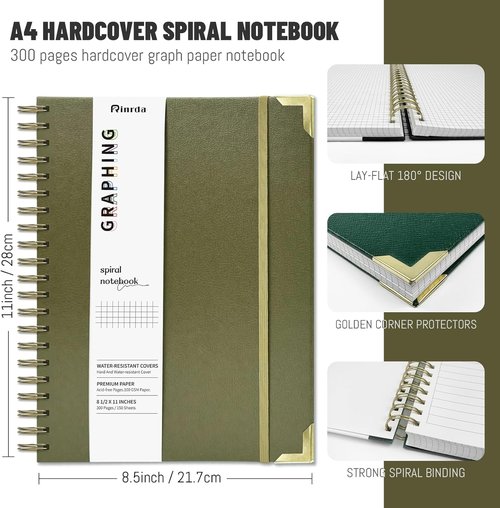 Graph Paper Spiral Journal by [Brand Name] - 300 Pages A4 Hardcover | 100GSM Thick Graphing Paper in Sage Green for School, Office, and Study