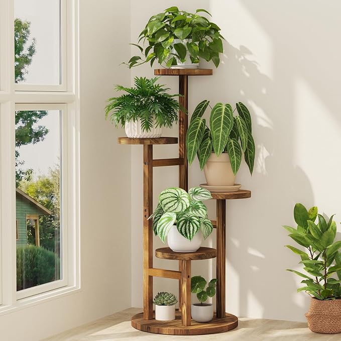 iDavosic.ly 4 Tier Plant Stand Indoor, Tiered Corner Wood Multiple Flower Holder Shelf, Tall Orchid Display Rack for Patio Porch Living Room Balcony Outdoor, Brown