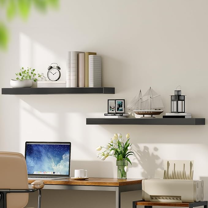 HOOBRO Floating Shelves for Wall, Wall Mounted Shelf Set of 2, 31.5" Hanging Shelf with Invisible Brackets, for Wall Decor Storage in Bathroom Bedroom Kitchen Living Room Office, Black BK80BJP201
