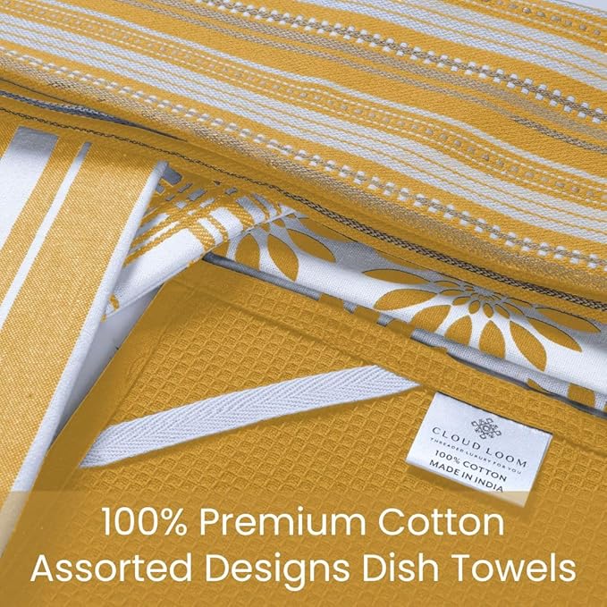 Assorted Kitchen Towels - Mustard Yellow Towels, Set of 5, 16x26 in - Absorbent 100% Cotton Dish Towels with Hanging Loop - Waffle Weave Tea Towels for Drying Dishes, Glassware & Counters
