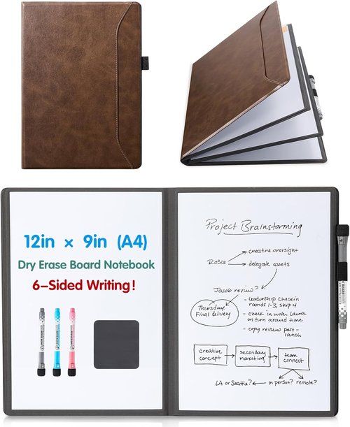 CoBak Portable Whiteboard - 6-Sided A4 Dry Erase Board with Pocket & 3 Markers | Anti-Ghosting Surface, Gift Box Included (Brown)