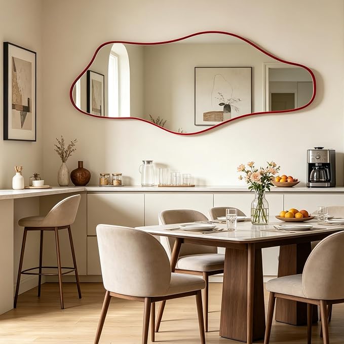 Large Irregular Wall Mirror, 60"x24" Red Asymmetrical Tempered Glass Mirror, Frameless Organic Shaped Mirrors for Entryway Hallway Bedroom Living Room, Horizontal or Vertical Hanging