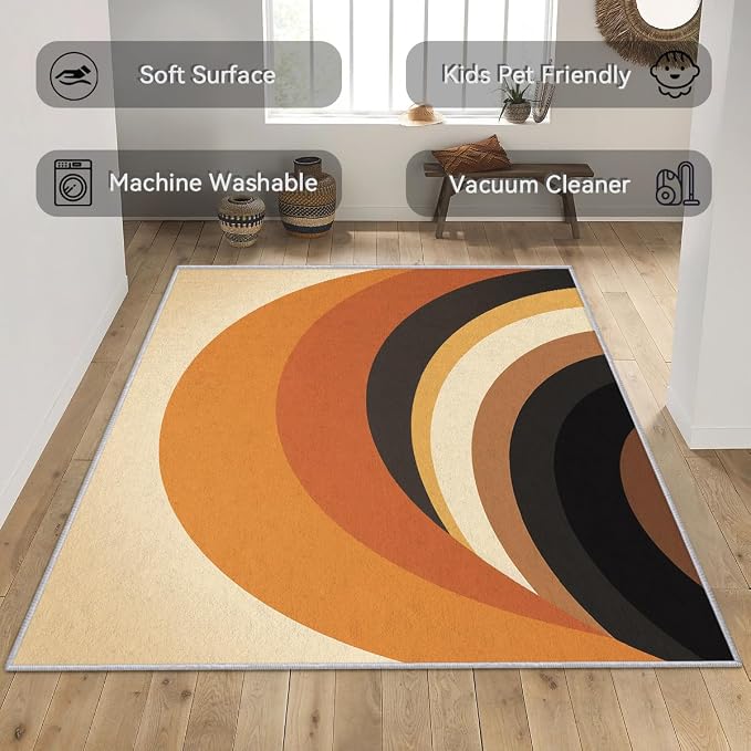 Mid Century Modern Area Rug 3x4, Washable Non-Slip Low Pile Retro Rainbow Rug for Living Room Bedroom Home Office, Abstract Boho Carpet in Terracotta Camel Cream and Black