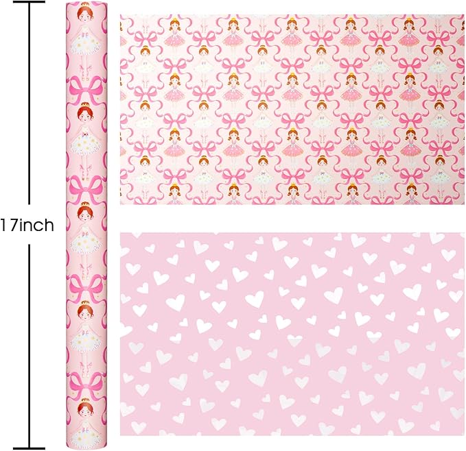 Homeral Pink Ballerina Wrapping Paper Roll - Ballet Princess with Bowknots & Heart Pattern, Reversible Gift Wrap for Girls Birthday, Baby Shower, Bridal Shower, Party - Mini Roll - 17 Inch x 16.5 Feet