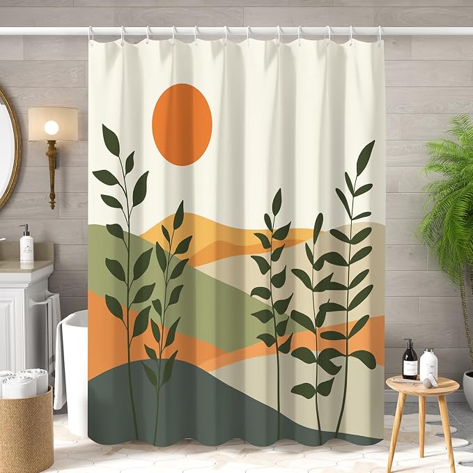 Boho Mid Century Shower Curtain for Bathroom Modern Abstract Sun Botanical Leaves Bath Curtain Neutral Minimalist Plant Waterproof Fabric Bathroom Decor Set with Hooks 72x78 inch