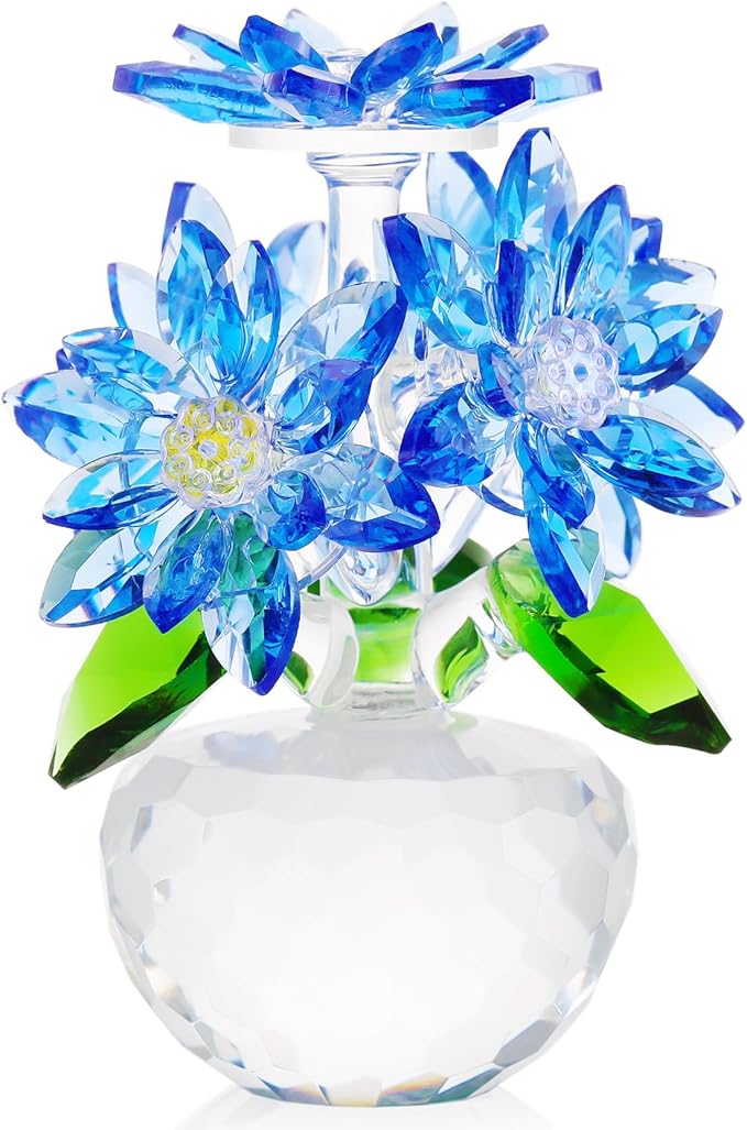YWHL Beautiful Crystal Flower Gifts for Women, Blue Glass Flower Figurine with Stand, Handmade Art Collectible Statue Decor (Blue)