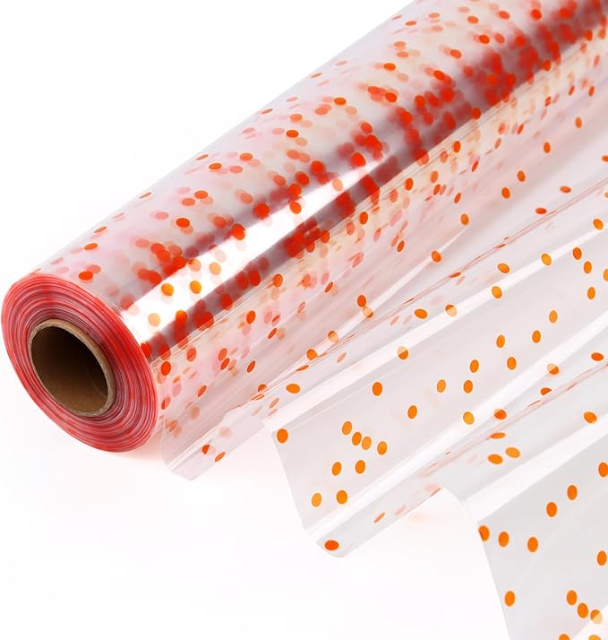CMFYHM Clear Cellophane Wrap Roll with Orange Polka Dots | 34" x 100’ | 3 Mil Transparent Cellophane Roll,Gift Wrap Cellophane,large Cellophane Wrap Film for Autumn Thanksgiving Baskets, Gifts, Treats,Crafts, Halloween Wrapping
