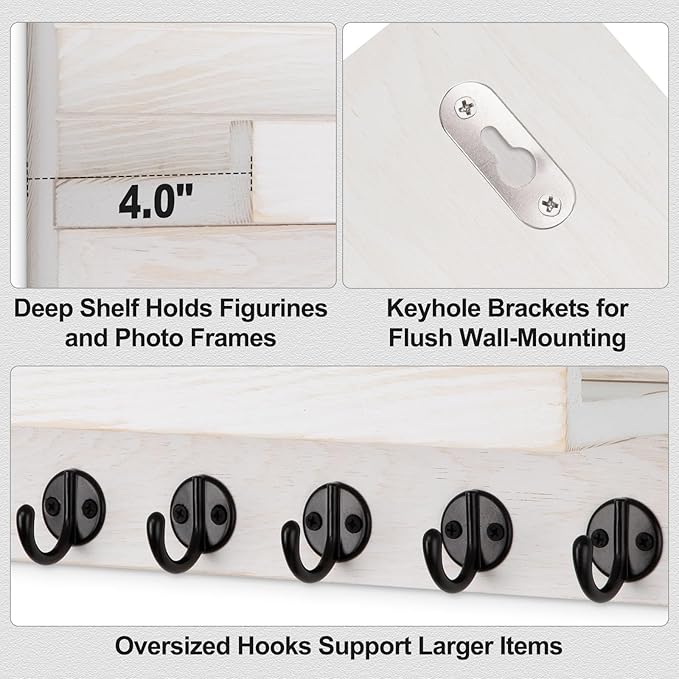 Lwenki Key Holder Wall Mount, Entryway Key and Mail Holder with 7 Sturdy Hooks for Sunglasses, Dog Leash, Decorative Wall Shelf with Mounting Hardware, 15”W x 6.7”H x 4.2”D