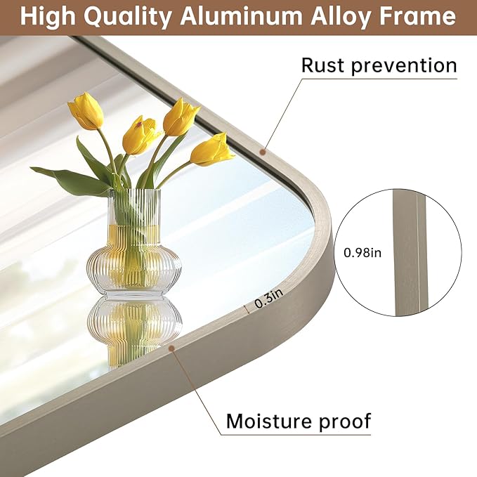 Brushed Nickel Mirror, 24"x36" Rectangle Bathroom Mirror, Metal Frame Rectangle Corner Vanity Mirror, Wall Mounted Mirror for Modern, Living Room, Bedroom, Horizontal Or Vertical