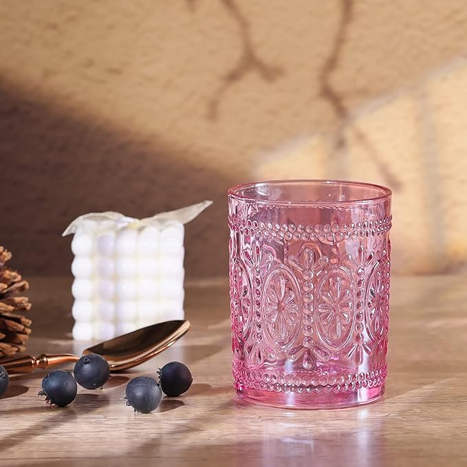 abrwyy Pink Glassware set of 4, Vintage Drinking Glasses, 10oz Pink Heavy Duty Glass Cups, Old Fashioned Glass, Embossed Glasses Set for Party Wedding Home Office Glassesware Gift