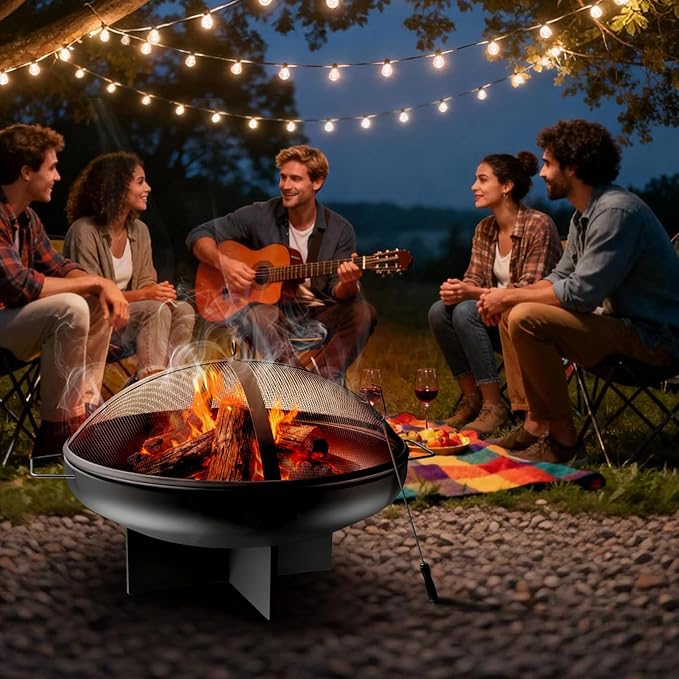 HEAHOLD 24 Inch Fire Pit for Outside Outdoor Wood Burning Firepit Bowl Heavy Duty Steel Bonfire Pit for Patio Backyard Camping Deck with Spark Screen, Log Grate & Poker