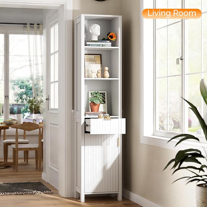 VINGLI 68" Tall Narrow Bathroom Storage Cabinet, Slim Freestanding Floor Cabinet with Fluted Door & Drawer, 12 Inch Deep Skinny Wood Organizer for Small Spaces, Kitchen & Living Room, White
